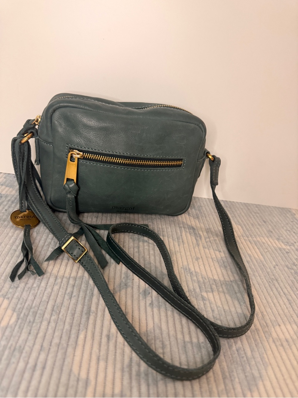 margot Teal Green Leather Crossbody with Tassel Zip Accent